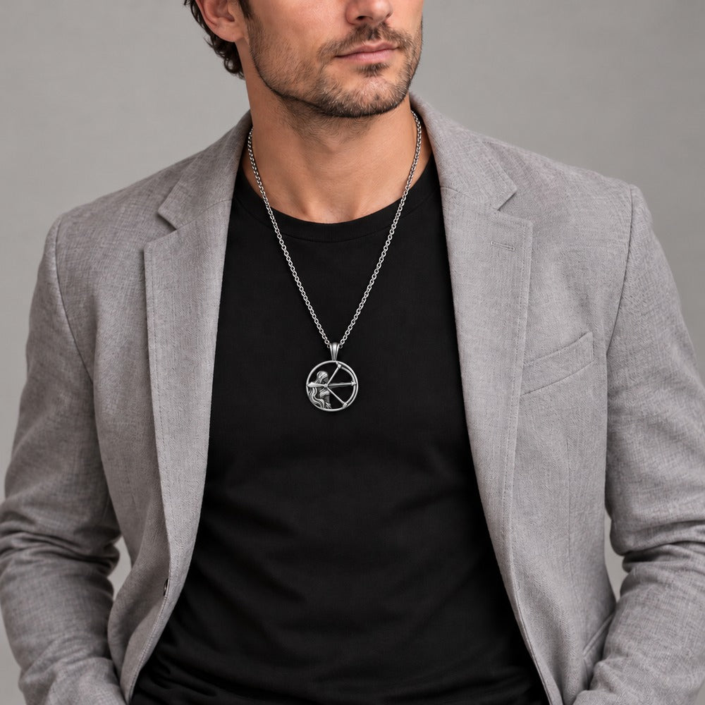Sagittarius Zodiac Sculpted Tin Archer Pendant Necklace