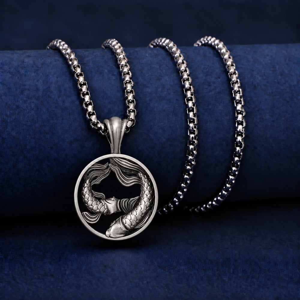 Pisces Zodiac Sculpted Tin Twin Fish Pendant Necklace