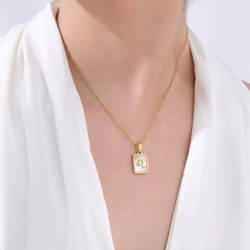 Leo Zodiac Mother of Pearl Inlay Square Pendant Necklace