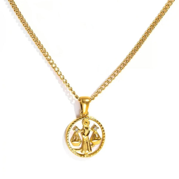 Libra Gold-Tone Titanium Steel Coin Necklace