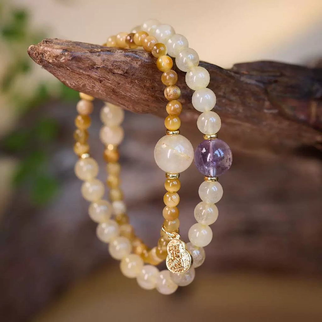 Gold Rutilated Quartz Tiger Eye Amethyst Double Wrap Bracelet