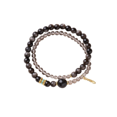 Ice & Silver Obsidian 2-Wrap Bracelet | Feather Charm