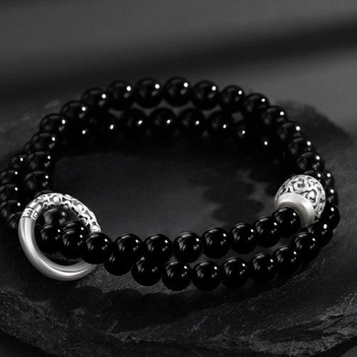 Black Obsidian Wrap Bracelet with Tibetan Slider | Unisex