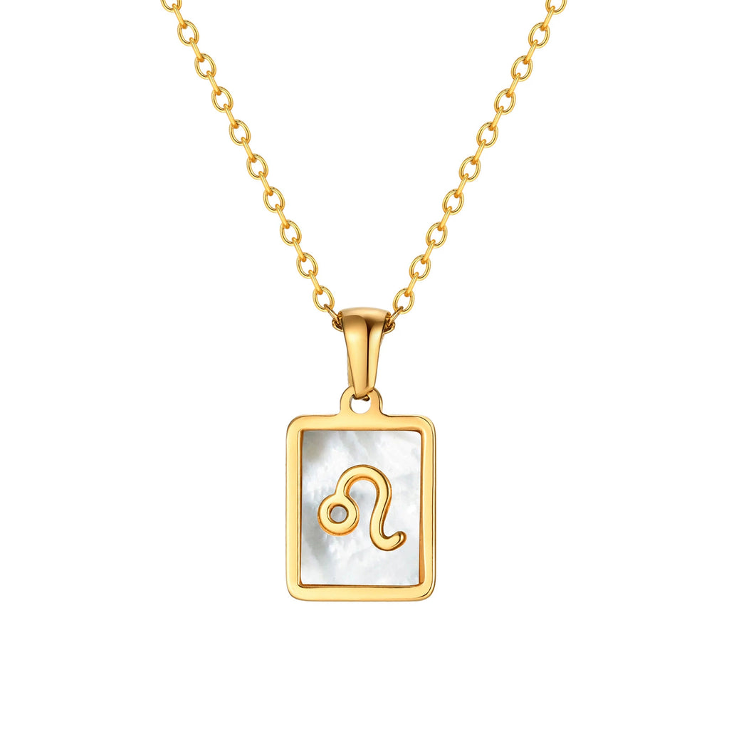 Leo Zodiac Mother of Pearl Inlay Square Pendant Necklace