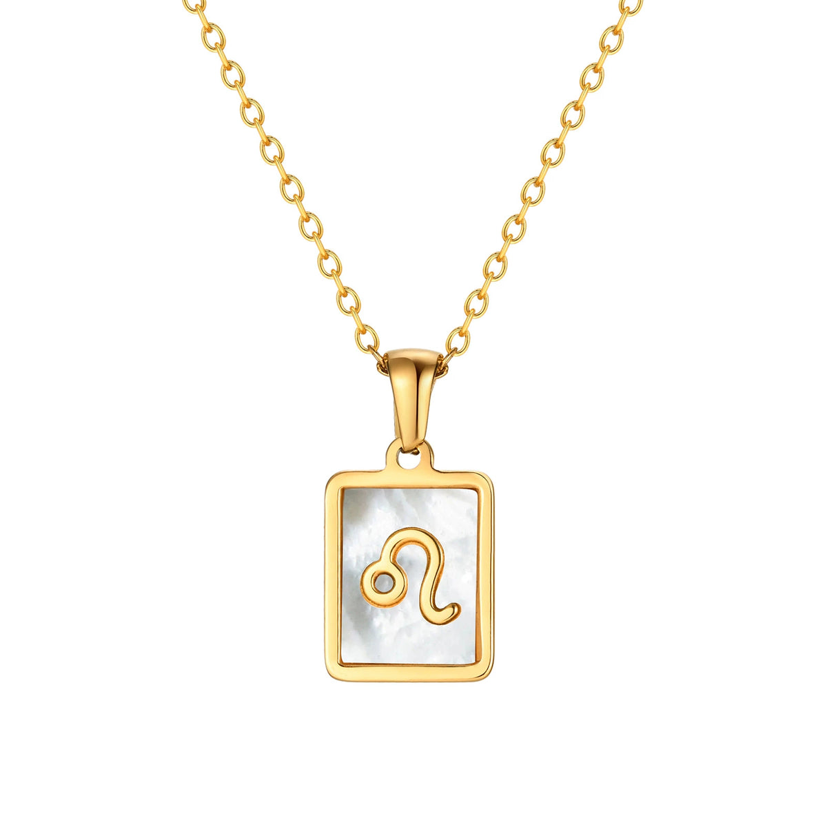 Leo Zodiac Mother of Pearl Inlay Square Pendant Necklace