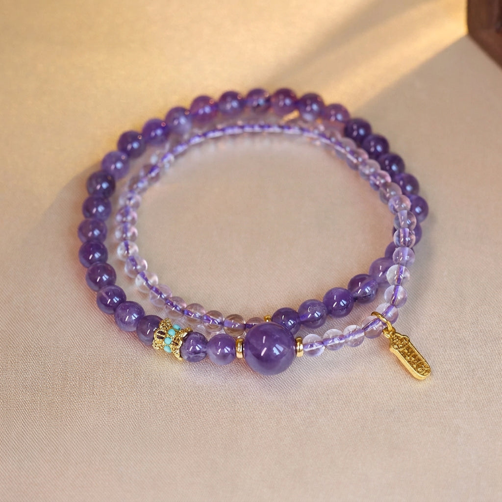 Calm Lucky Amethyst Double Wrap Bracelet Dangle Charm