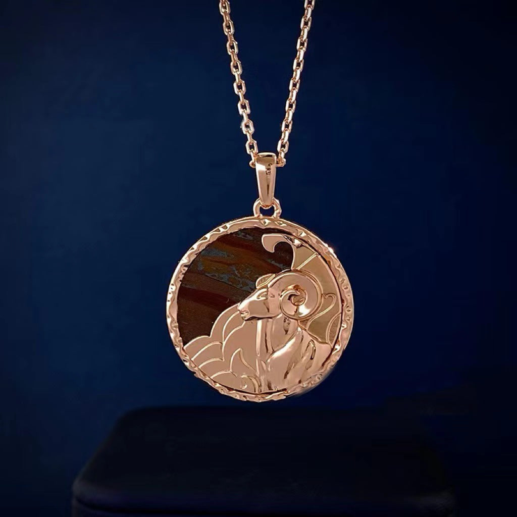 Aries Zodiac Tiger Iron Disc Pendant Necklace 
