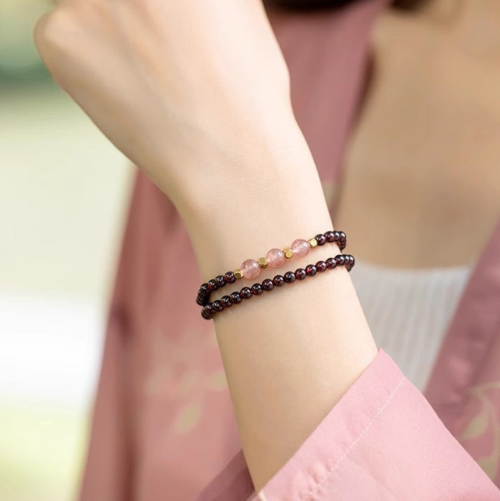 Natural Garnet & Strawberry Quartz Fortune Bracelet for Her