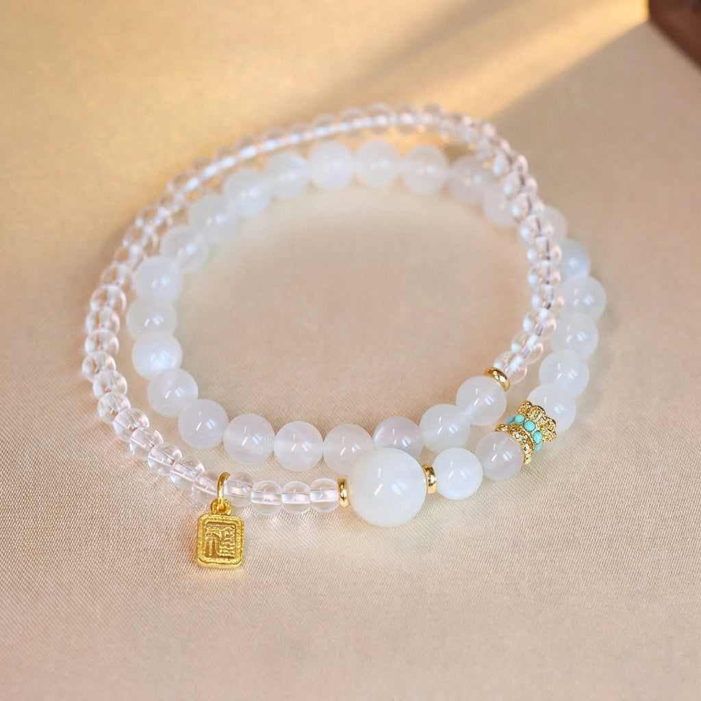 White Crystal Moonstone Double Wrap Bracelet Lucky Charm
