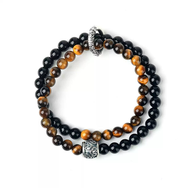 Tiger's Eye & Black Obsidian Double Wrap Bracelet w/ Spacer