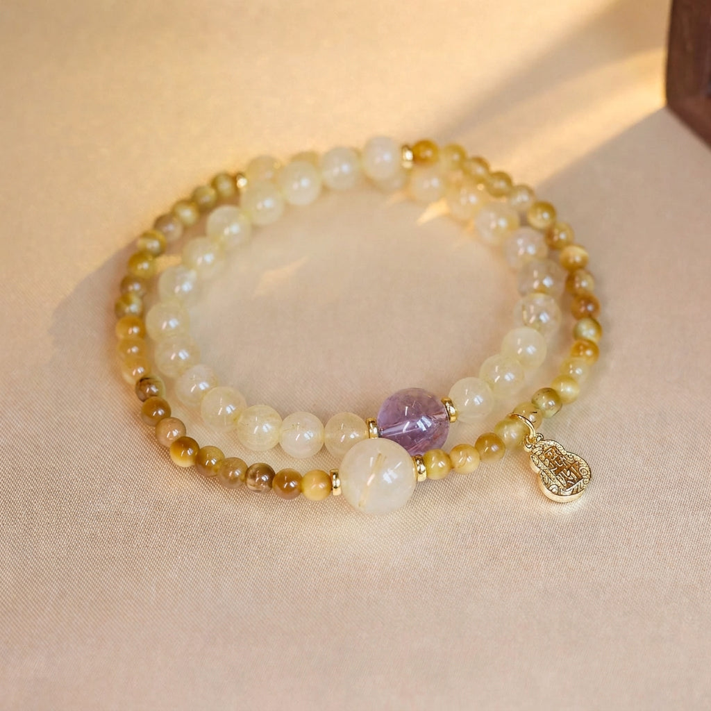 Gold Rutilated Quartz Tiger Eye Amethyst Double Wrap Bracelet