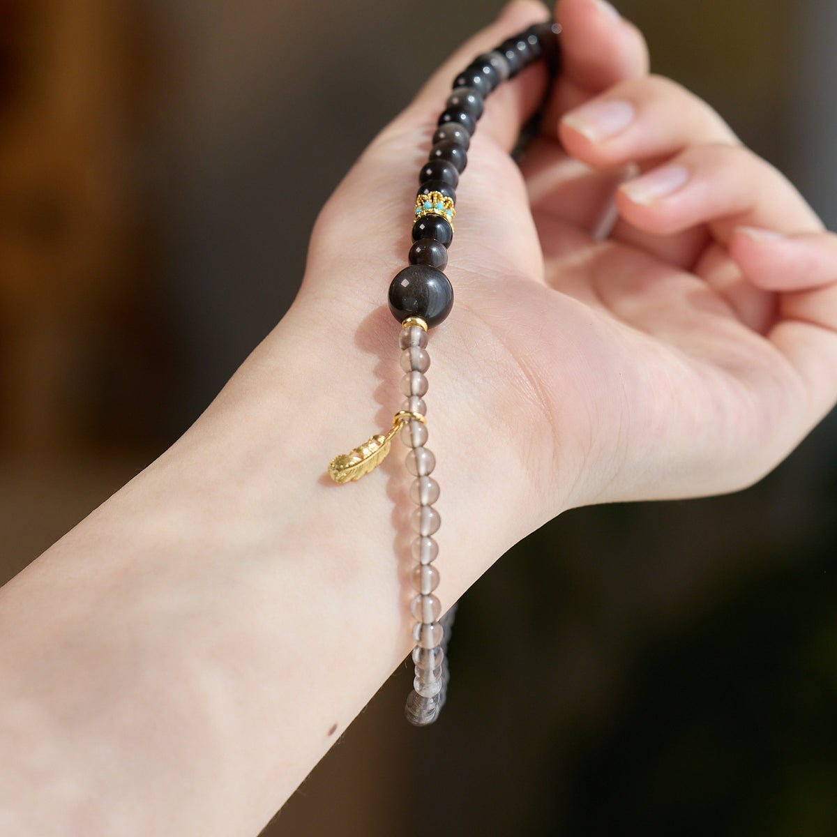 Ice & Silver Obsidian 2-Wrap Bracelet | Feather Charm