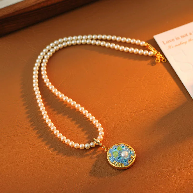 Gemini Zodiac Pearl Necklace with Golden Celestial Pendant