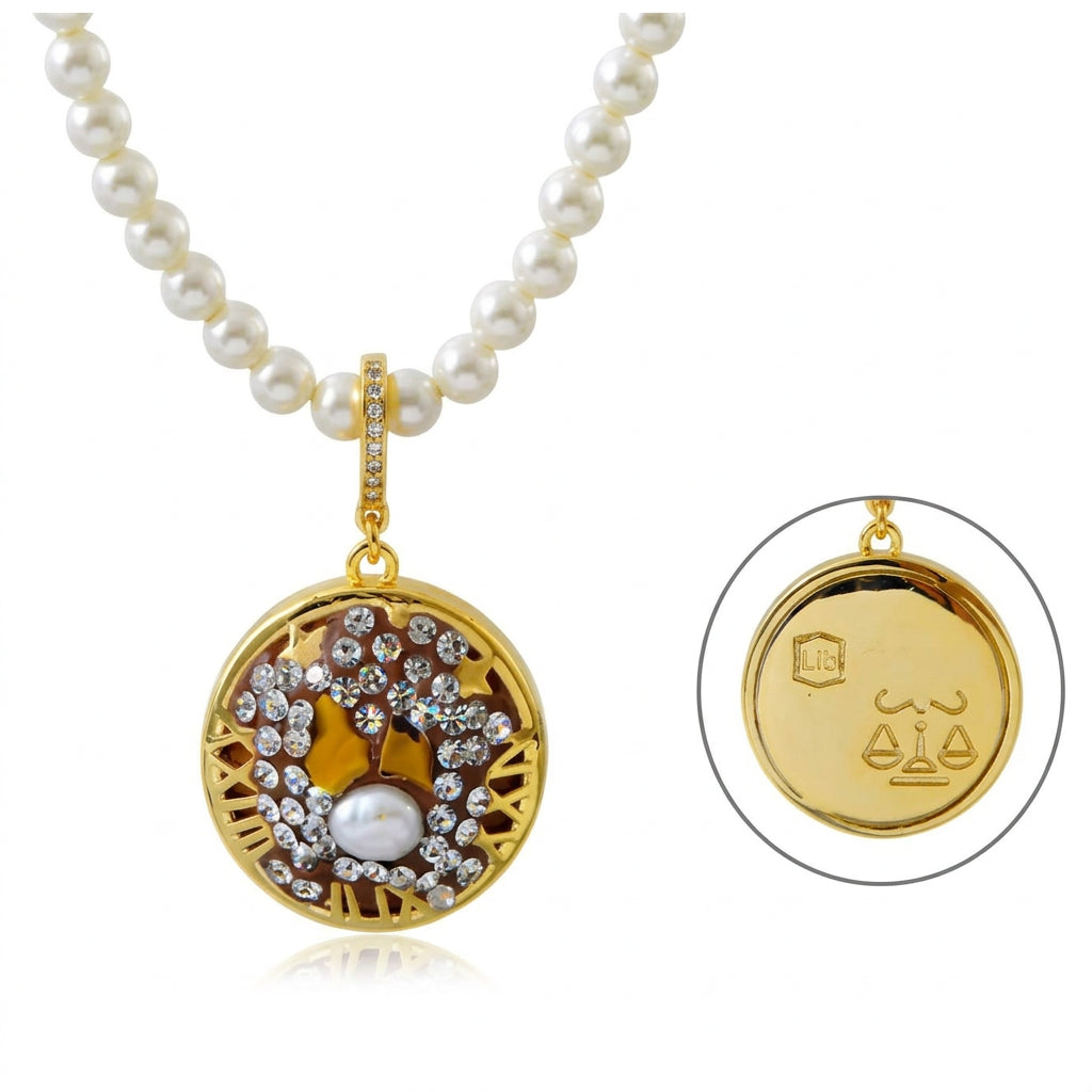 Libra Zodiac Pearl Necklace with Golden Celestial Pendant