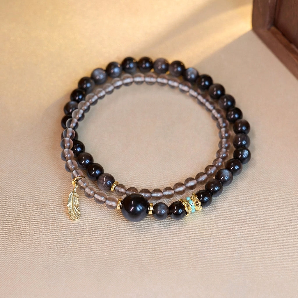 Ice & Silver Obsidian 2-Wrap Bracelet | Feather Charm