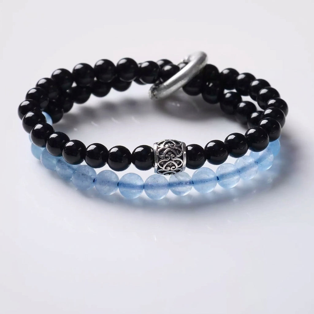 Blue Chalcedony & Black Obsidian Wrap w/ Tibetan Ring
