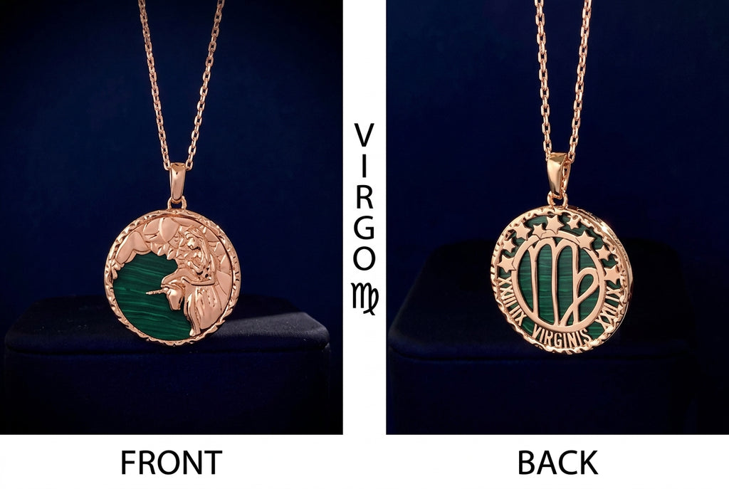 Virgo Zodiac Malachite Disc Pendant Necklace