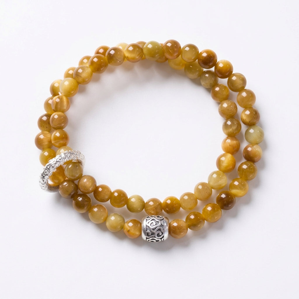 6mm Gold Tiger's Eye 2-Wrap Bracelet | Tibetan Silver Spacer