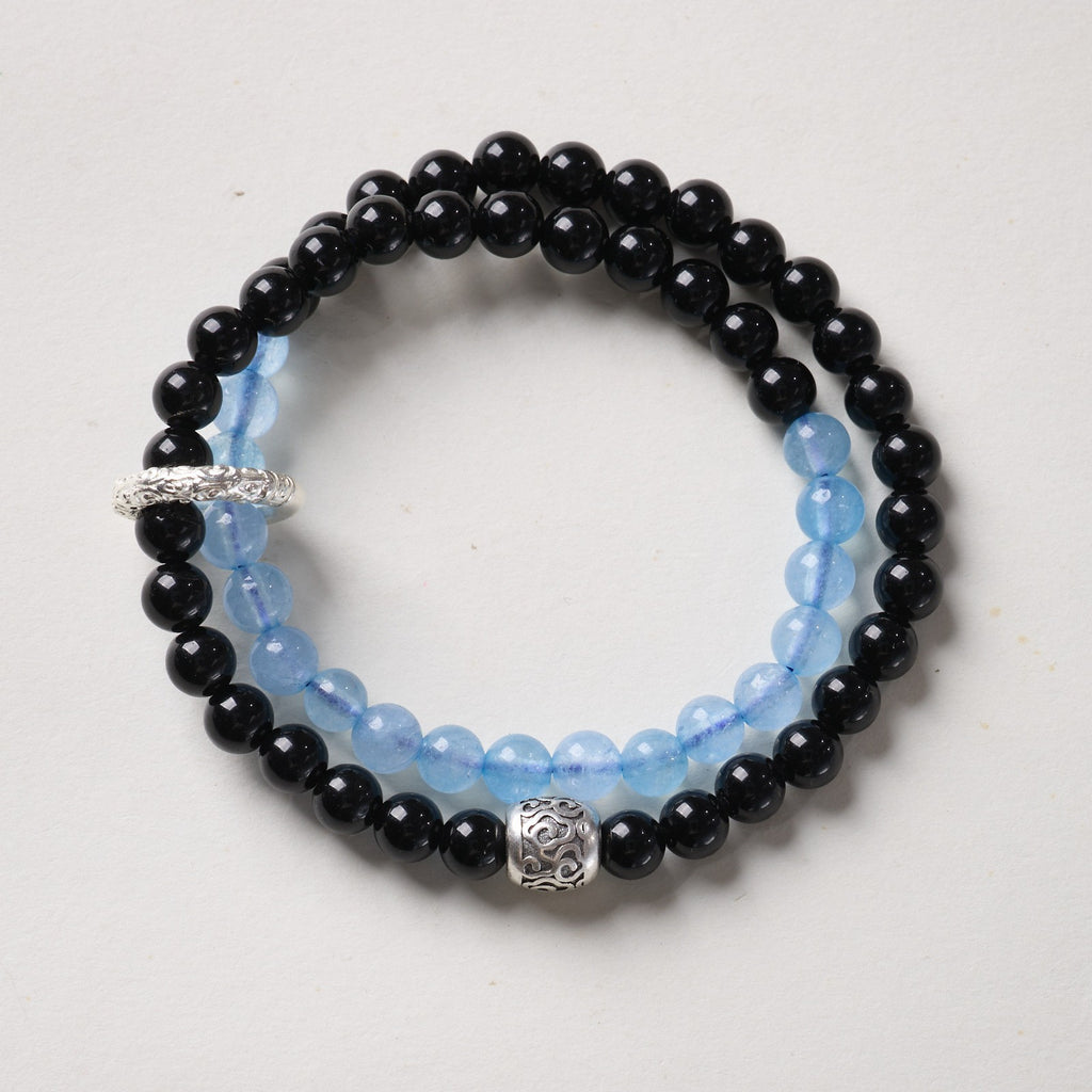 Blue Chalcedony & Black Obsidian Wrap w/ Tibetan Ring