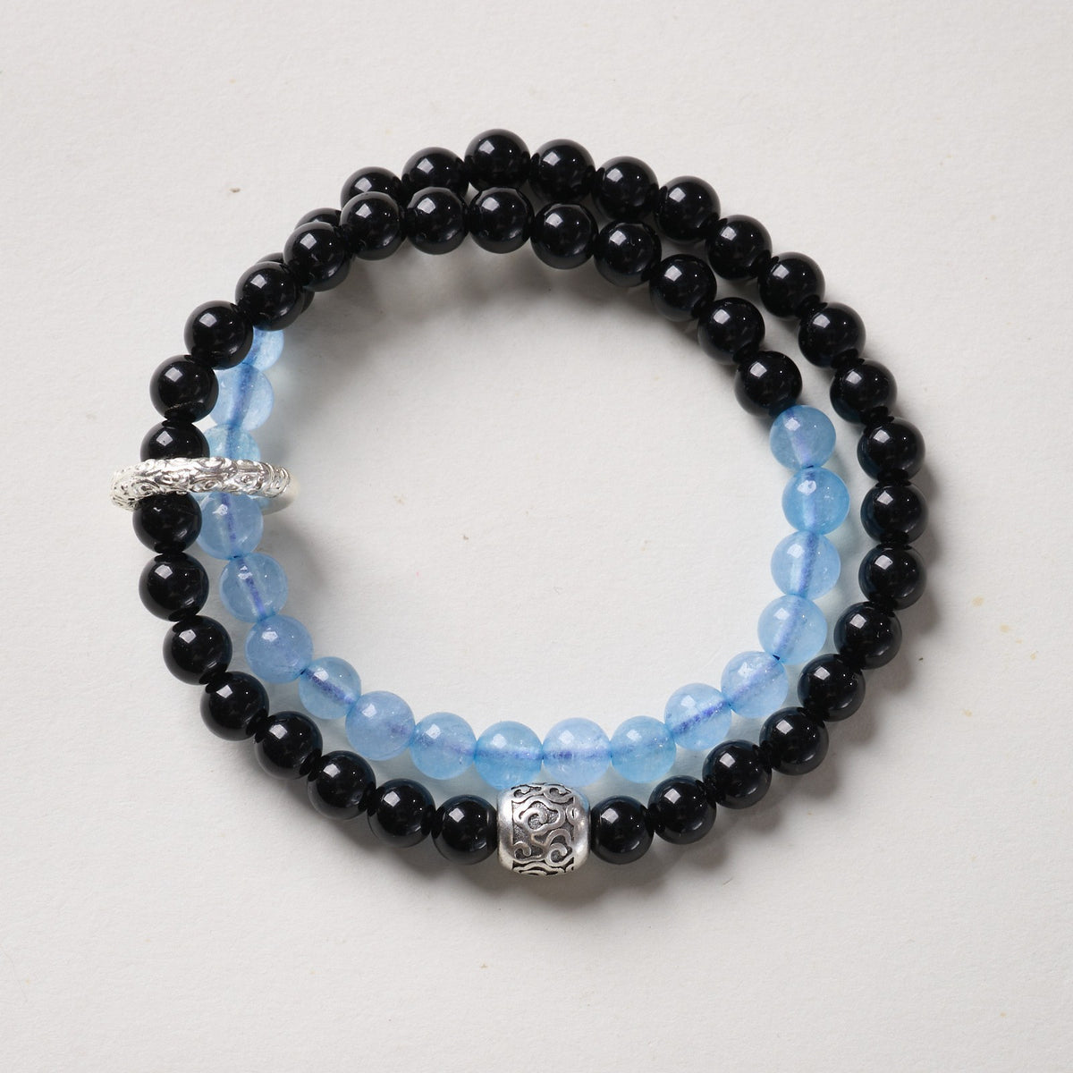 Blue Chalcedony & Black Obsidian Wrap w/ Tibetan Ring