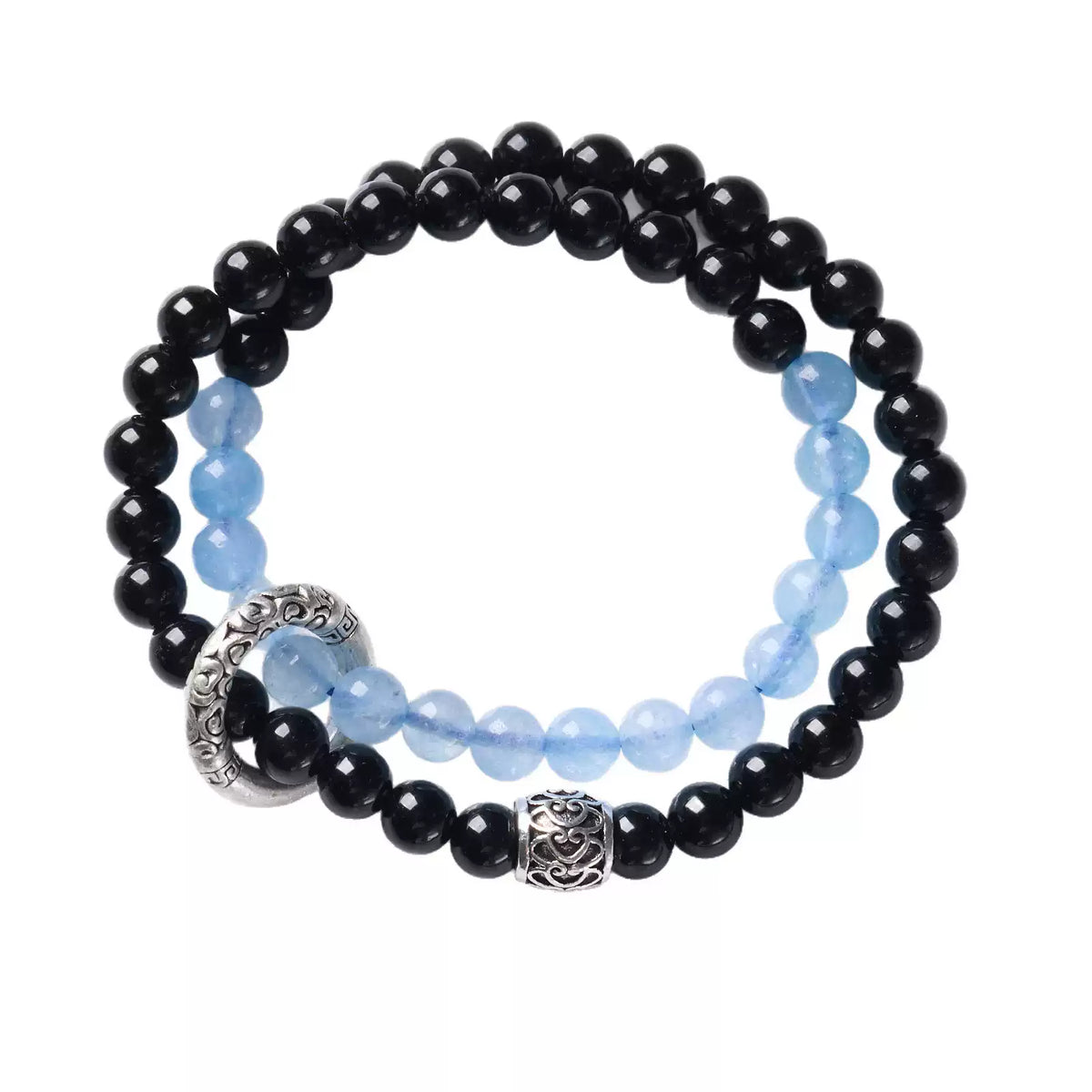 Blue Chalcedony & Black Obsidian Wrap w/ Tibetan Ring