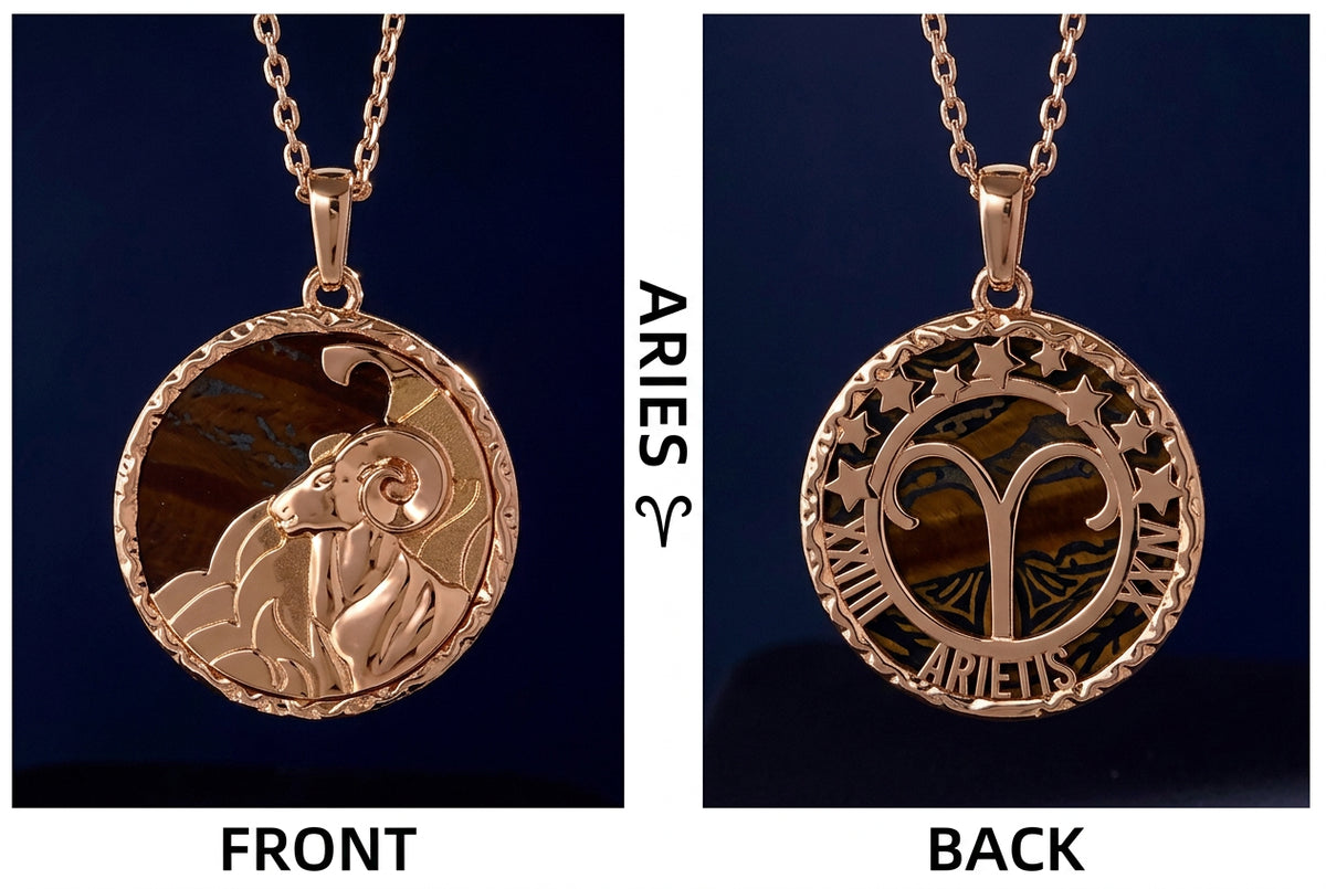 Aries Zodiac Tiger Iron Disc Pendant Necklace 