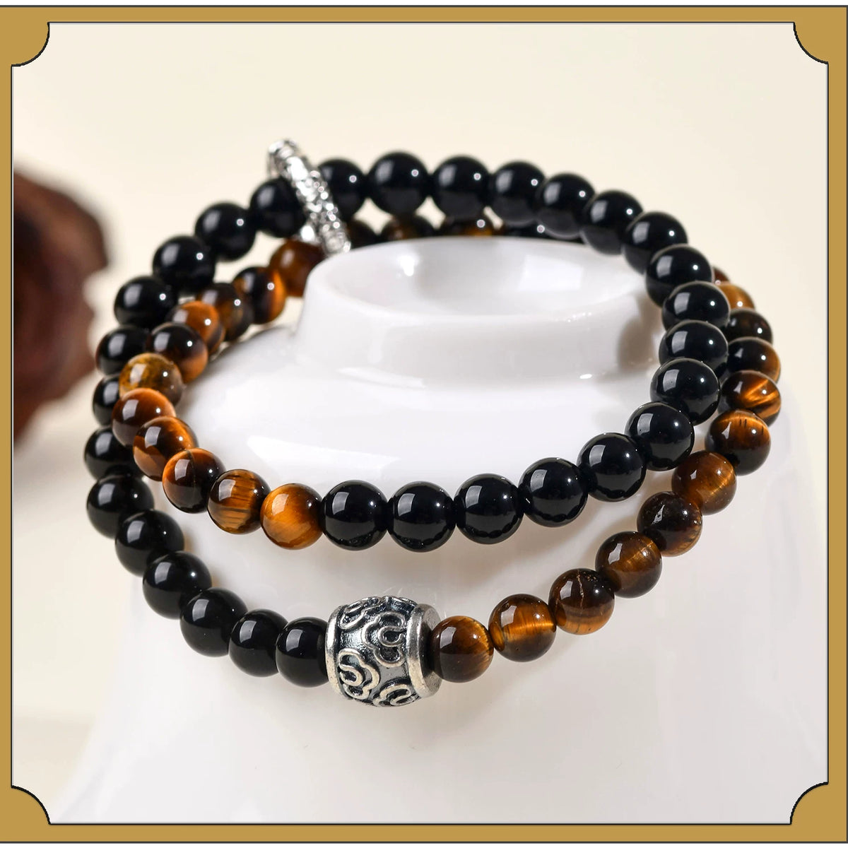 Tiger's Eye & Black Obsidian Double Wrap Bracelet w/ Spacer