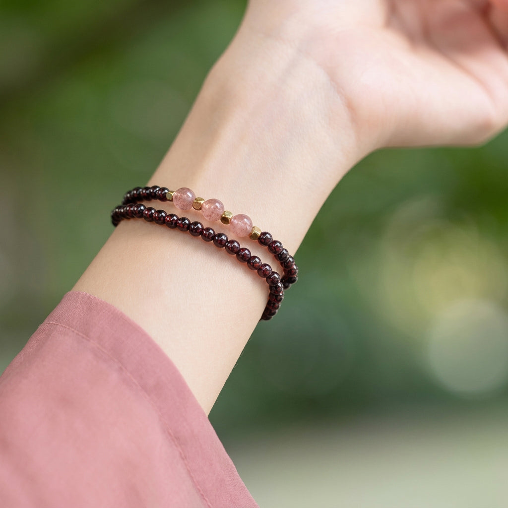 Natural Garnet & Strawberry Quartz Fortune Bracelet for Her
