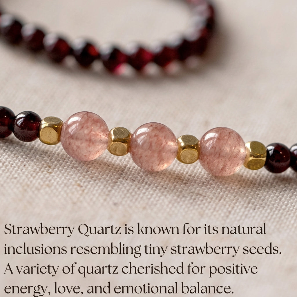 Natural Garnet & Strawberry Quartz Fortune Bracelet for Her