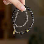 Ice & Silver Obsidian 2-Wrap Bracelet | Feather Charm