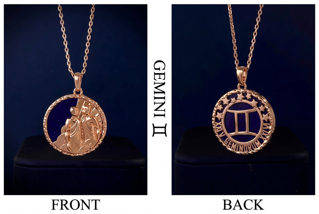 Gemini Zodiac Lapis Lazuli Disc Pendant Necklace Copper Alloy