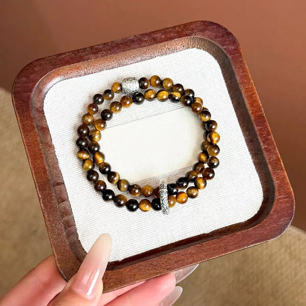 6mm Tiger's Eye 2-Wrap Bracelet | Tibetan Silver Spacer