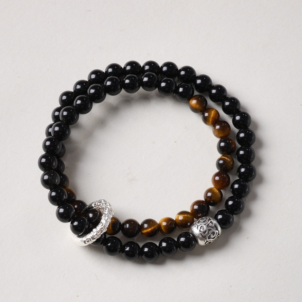 Tiger's Eye & Black Obsidian Double Wrap Bracelet w/ Spacer