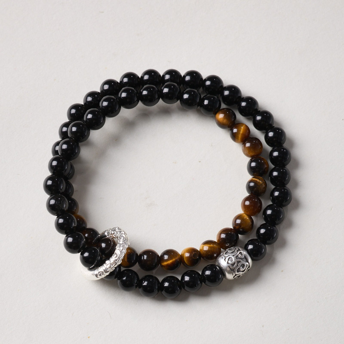 Tiger's Eye & Black Obsidian Double Wrap Bracelet w/ Spacer