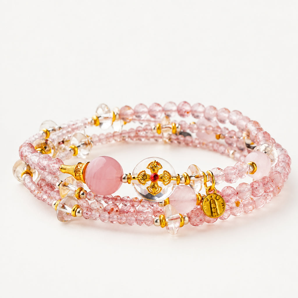 Strawberry Quartz Layered Wrap Bracelet | Libra Zodiac Charm