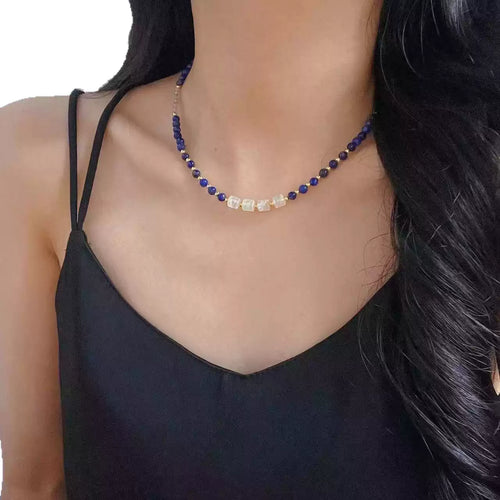  Lapis Lazuli Grey Moonstone Color-Block Choker Necklace