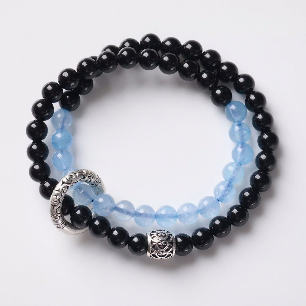 Blue Chalcedony & Black Obsidian Wrap w/ Tibetan Ring