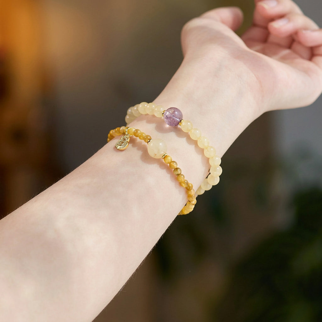 Gold Rutilated Quartz Tiger Eye Amethyst Double Wrap Bracelet