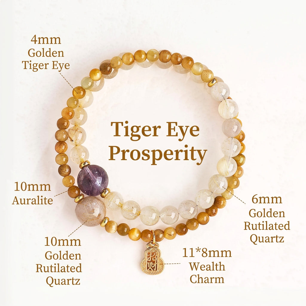 Gold Rutilated Quartz Tiger Eye Amethyst Double Wrap Bracelet