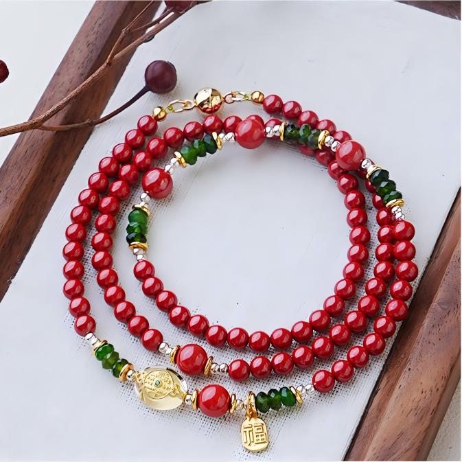 Aries Red Crystal Layered Wrap Bracelet | Sand-Tone Accents