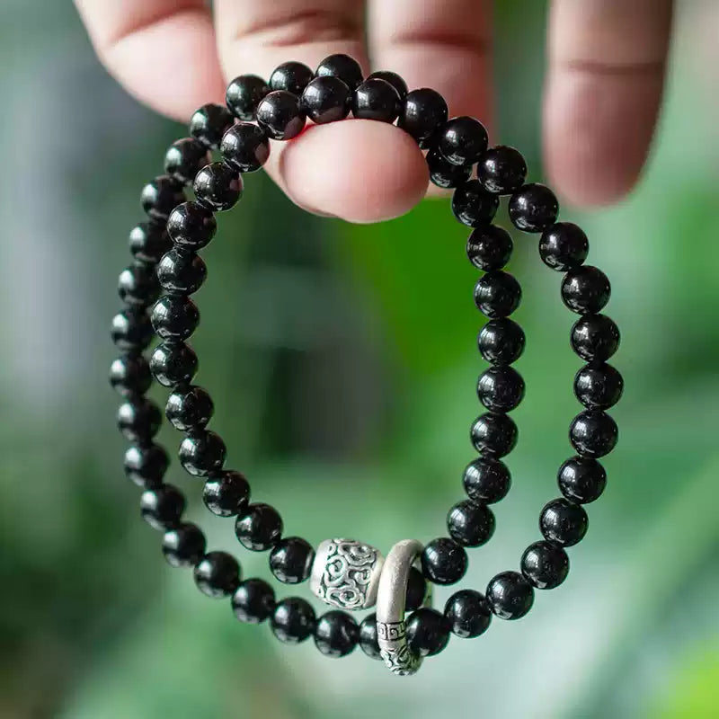 Black Obsidian Wrap Bracelet with Tibetan Slider | Unisex