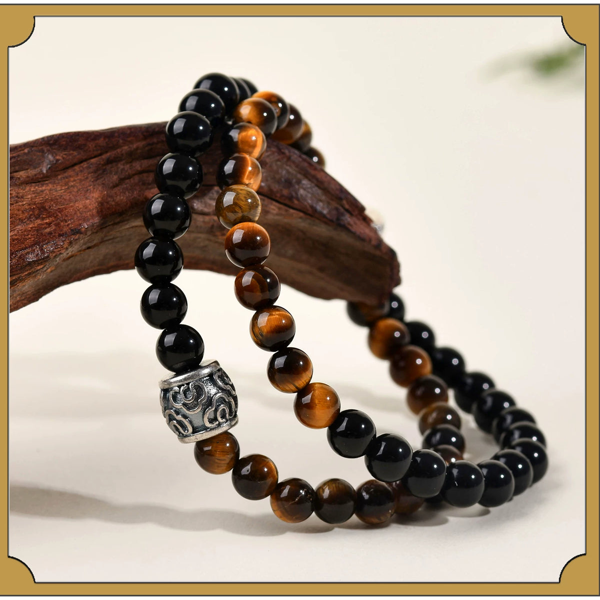 Tiger's Eye & Black Obsidian Double Wrap Bracelet w/ Spacer