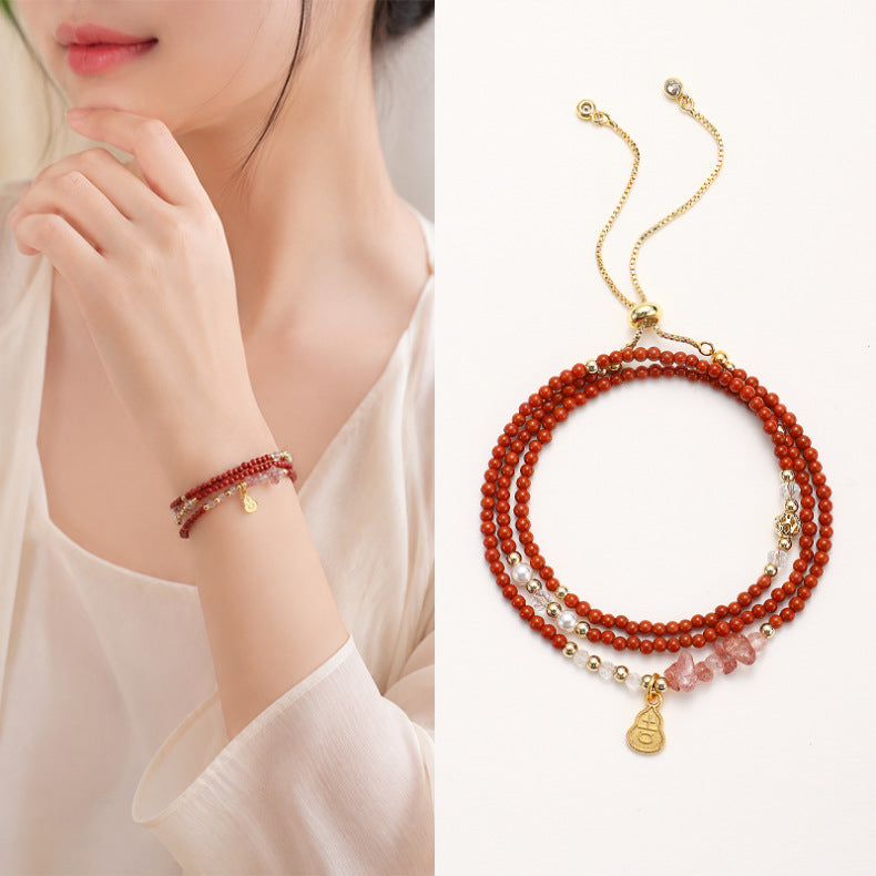 "Peace & Good Fortune" Nanhong Agate 3-Wrap Bracelet for Women