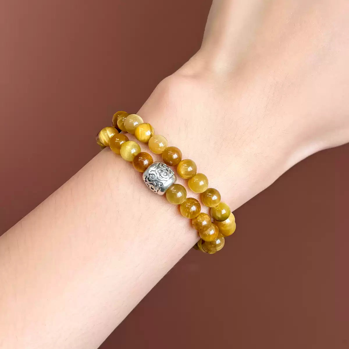 6mm Gold Tiger's Eye 2-Wrap Bracelet | Tibetan Silver Spacer