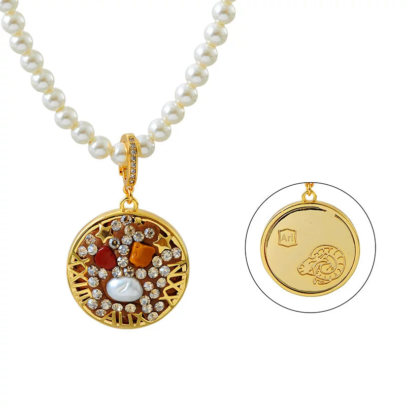 Aries Zodiac Bold Elegance Pearl Pendant Charm Necklace
