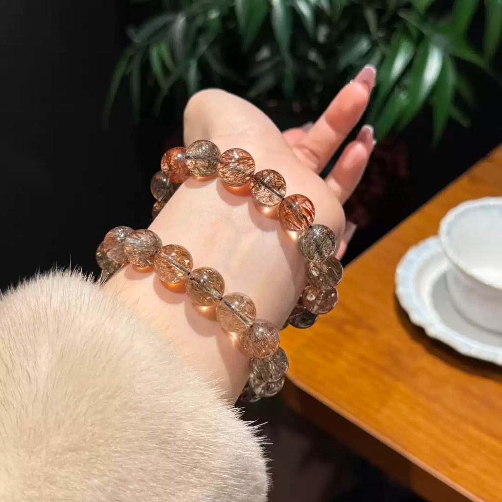 Natural Black Rutilated Quartz Beaded Bracelet | Strength