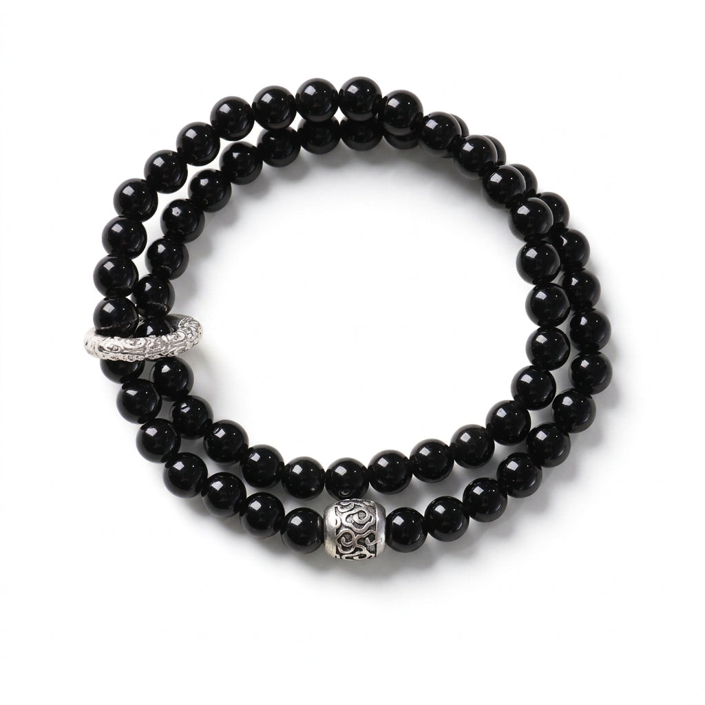 Black Obsidian Wrap Bracelet with Tibetan Slider | Unisex