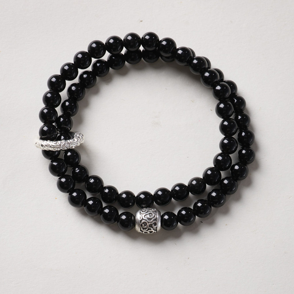 Black Obsidian Wrap Bracelet with Tibetan Slider | Unisex