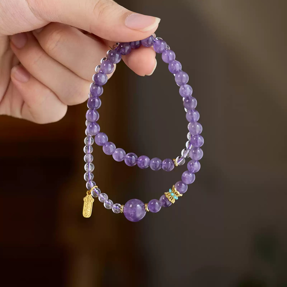 Calm Lucky Amethyst Double Wrap Bracelet Dangle Charm