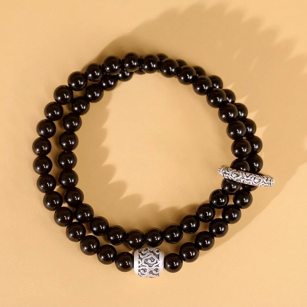 Black Obsidian Wrap Bracelet with Tibetan Slider | Unisex